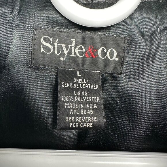 Style & Co Leather Jacket Womens Button Up Size Large Black Collar Pockets - Picture 3 of 9